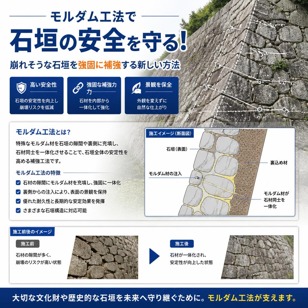 モルダム工法で石垣の安全を守る！崩れそうな石垣を強固に補強する新しい方法